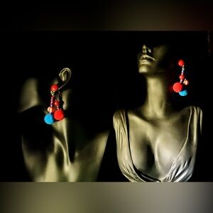 Tribal Handmade Red Blue Colorful Flurry  Ball-Shaped Beaded Earrings A Pair